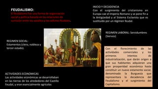 FEUDALISMO:
El feudalismo fue una forma de organización
social y política basada en las relaciones de
sumisión entre los vasallos y los señores feudales.
INICIO Y DECADENCIA
Con el surgimiento del cristianismo en
Europa cae el Imperio Romano y se pone fin a
la Antigüedad y al Sistema Esclavista que es
sustituido por un régimen feudal.
REGIMEN SOCIAL:
Estamentos (clero, nobleza y
tercer estado).
REGIMEN LABORAL: Servidumbres
(Siervos)
ACTIVIDADES ECONOMICAS
Las actividades económicas se desarrollaban
en las tierras de los alrededores del Castillo
Feudal, y eran esencialmente agrícolas
Con el florecimiento de las
actividades comerciales y los
primeros intentos de
industrialización, que darán origen a
que sus habitantes adquieran una
gran prosperidad económica hasta
constituir un nuevo estamento social,
denominado la Burguesía que
representara la decadencia del
Feudalismo y el surgimiento del
Capitalismo.
 
