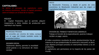CAPITALISMO:
Se define al concepto de capitalismo como
un sistema económico, donde el capital prevalece
sobre el trabajo y es la base de la riqueza.
REGIMEN SOCIAL
Totalmente abierto, permite la movilidad
social gracias a su estructura de clases
sociales
RIQUEZA
El Capital Financiero, que le permite adquirir
maquinarias y otros medios de producción para
reproducir esa riqueza.
PROPIEDAD PRIVADA
Se consolida por encima de todas, aunque
con el auge del Estado también existe la
propiedad pública.
DIVISION DEL TRABAJO Y BENEFICIOS LABORALES
Trabajo en función de la especialización, quienes trabajan
reciben un pago: salario.
El orden económico resultante de estos acontecimientos fue un
sistema en el que predominaba lo comercial o mercantil, es decir,
cuyo objetivo principal consistía en intercambiar bienes y no en
producirlos.
El capitalismo aún permanece en la mayoría de los países del
mundo.
INICIO
La Revolución Francesa, y desde el punto de vista
económico la Revolución Industrial que da origen al
Capitalismo Industrial.
 