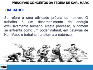 Se refere a uma atividade própria do homem. O
trabalho é um desprendimento de energia
exclusivamente humano. Neste processo, o homem
se enfrenta como um poder natural, em palavras de
Karl Marx, o trabalho transforma a natureza.
PRINCIPAIS CONCEITOS DA TEORIA DE KARL MARX
TRABALHO:
 