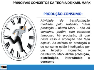 Atividade de transformação
mediada pelo trabalho. "Sem
produção – afirma Marx – não há
consumo, porém, sem consumo
tampouco há produção, já que
neste caso a produção não teria
objeto". As esferas da produção e
do consumo estão interligadas por
um terceiro momento: o
distributivo. Marx alinha produção,
distribuição, intercâmbio e
consumo.
PRINCIPAIS CONCEITOS DA TEORIA DE KARL MARX
PRODUÇÃO-CONSUMO:
 
