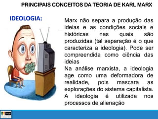 Marx não separa a produção das
ideias e as condições sociais e
históricas nas quais são
produzidas (tal separação é o que
caracteriza a ideologia). Pode ser
compreendida como ciência das
ideias
Na análise marxista, a ideologia
age como uma deformadora de
realidade, pois mascara as
explorações do sistema capitalista.
A ideologia é utilizada nos
processos de alienação
PRINCIPAIS CONCEITOS DA TEORIA DE KARL MARX
IDEOLOGIA:
 