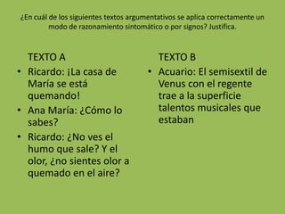 ¿En cuál de los siguientes textos argumentativos se aplica correctamente un
         modo de razonamiento sintomático o por signos? Justifica.


  TEXTO A                                TEXTO B
• Ricardo: ¡La casa de                 • Acuario: El semisextil de
  María se está                          Venus con el regente
  quemando!                              trae a la superficie
• Ana María: ¿Cómo lo                    talentos musicales que
  sabes?                                 estaban
• Ricardo: ¿No ves el
  humo que sale? Y el
  olor, ¿no sientes olor a
  quemado en el aire?
 