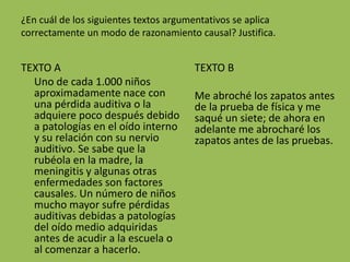 ¿En cuál de los siguientes textos argumentativos se aplica
correctamente un modo de razonamiento causal? Justifica.


TEXTO A                                TEXTO B
  Uno de cada 1.000 niños
  aproximadamente nace con             Me abroché los zapatos antes
  una pérdida auditiva o la            de la prueba de física y me
  adquiere poco después debido         saqué un siete; de ahora en
  a patologías en el oído interno      adelante me abrocharé los
  y su relación con su nervio          zapatos antes de las pruebas.
  auditivo. Se sabe que la
  rubéola en la madre, la
  meningitis y algunas otras
  enfermedades son factores
  causales. Un número de niños
  mucho mayor sufre pérdidas
  auditivas debidas a patologías
  del oído medio adquiridas
  antes de acudir a la escuela o
  al comenzar a hacerlo.
 