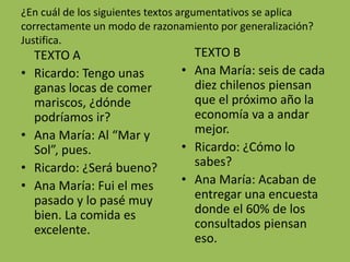 ¿En cuál de los siguientes textos argumentativos se aplica
correctamente un modo de razonamiento por generalización?
Justifica.
    TEXTO A                      TEXTO B
•   Ricardo: Tengo unas        • Ana María: seis de cada
    ganas locas de comer         diez chilenos piensan
    mariscos, ¿dónde             que el próximo año la
    podríamos ir?                economía va a andar
•   Ana María: Al “Mar y         mejor.
    Sol”, pues.                • Ricardo: ¿Cómo lo
•   Ricardo: ¿Será bueno?        sabes?
•   Ana María: Fui el mes      • Ana María: Acaban de
    pasado y lo pasé muy         entregar una encuesta
    bien. La comida es           donde el 60% de los
    excelente.                   consultados piensan
                                 eso.
 