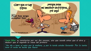 Causa falsa: se caracteriza por ver dos sucesos, uno que sucede antes que el otro y
deducir que el segundo es causa del primero.
“He ido a lavar el auto por la mañana, y por la tarde estaba lloviendo. Por lo tanto
lavar el coche ha hecho que llueva.
 