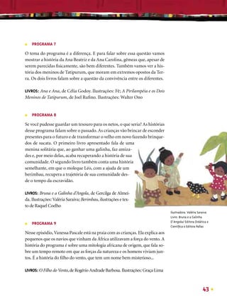 ■   PROGRAMA 7

O tema do programa é a diferença. E para falar sobre essa questão vamos
mostrar a história da Ana Beatriz e da Ana Carolina, gêmeas que, apesar de
serem parecidas ﬁsicamente, são bem diferentes. Também vamos ver a his-
tória dos meninos de Tatipurum, que moram em extremos opostos da Ter-
ra. Os dois livros falam sobre a questão da convivência entre os diferentes.

LIVROS: Ana e Ana, de Célia Godoy. Ilustrações: Fê; A Pirilampéia e os Dois
Meninos de Tatipurum, de Joel Ruﬁno. Ilustrações: Walter Ono


■   PROGRAMA 8

Se você pudesse guardar um tesouro para os netos, o que seria? As histórias
desse programa falam sobre o passado. As crianças vão brincar de esconder
presentes para o futuro e de transformar o velho em novo fazendo brinque-
dos de sucata. O primeiro livro apresentado fala de uma
menina solitária que, ao ganhar uma galinha, faz amiza-
des e, por meio delas, acaba recuperando a história de sua
comunidade. O segundo livro também conta uma história
semelhante, em que o moleque Léo, com a ajuda de um
berimbau, recupera a trajetória de sua comunidade des-
de o tempo da escravidão.

LIVROS: Bruna e a Galinha d’Angola, de Gercilga de Almei-
da. Ilustrações: Valéria Saraiva; Berimbau, ilustrações e tex-
to de Raquel Coelho
                                                                                 Ilustradora: Valéria Saraiva
                                                                                 Livro: Bruna e a Galinha
                                                                                 D’Angola/ Editora Didática e
■   PROGRAMA 9
                                                                                 Cientíﬁca e Editora Pallas
Nesse episódio, Vanessa Pascale está na praia com as crianças. Ela explica aos
pequenos que os navios que vinham da África utilizavam a força do vento. A
história do programa é sobre uma mitologia africana de origem, que fala so-
bre um tempo remoto em que as forças da natureza e os homens viviam jun-
tos. É a história do ﬁlho do vento, que tem um nome bem misterioso...

LIVROS: O Filho do Vento, de Rogério Andrade Barbosa. Ilustrações: Graça Lima



                                                                                                        43
 