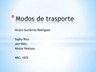 Álvaro Gutiérrez Rodríguez
Sophy Rico
Jair Niño
Néstor Pedraza
NRC: 1075
*
 