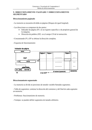 Estructura y Tecnología de Computadores I
                                  Modos de direccionamiento                         -11-

9. DIRECCIONAMIENTO PAGINADO Y DIRECCIONAMIENTO
SEGMENTADO

Direccionamiento paginado

- La memoria se encuentra dividida en páginas (bloques de igual longitud).

- Las direcciones se componen de dos partes:
        • Indicador de página (IP): en un registro específico o de propósito general de
           la máquina.
        • Dirección de palabra (DP): en el campo CD de la instrucción.

- Concatenando IP y DP se obtiene la dirección completa.

- Esquema de funcionamiento




Direccionamiento segmentado

- La memoria se divide en porciones de tamaño variable llamadas segmentos.

- Tabla de segmentos: contiene la dirección del comienzo y del final de cada segmento
en memoria.

- Problemas: fraccionamiento de memoria.

- Ventajas: se pueden definir segmentos de tamaño arbitrario.
 