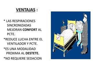 VENTAJAS :
* LAS RESPIRACIONES
SINCRONIZADAS
MEJORAN CONFORT AL
PCTE.
*REDUCE LUCHA ENTRE EL
VENTILADOR Y PCTE.
*ES UNA MODALIDAD
PROXIMA AL DESTETE.
*NO REQUIERE SEDACION
 