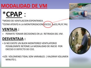 MODALIDAD DE VM
*CPAP :
*MODO DE VENTILACION ESPONTANEA.
*ESTAR ATENTO A LA MONITORIZACION (EtCO2, SaO2,FR,FC PA)
VENTAJA :
+ PERMITE TOMAR DECISIONES EN LA RETIRADA DEL VM.
DESVENTAJA :
+ SI NO EXISTE UN BUEN MONITOREO VENTILATORIO
POSIBLEMNTE RETOME LA MODALIDAD DE INICIO POR
EXCESO O DEFECTO DE CO2.
+LOS VOLÚMENES TIDAL SON VARIABLES ( VALORAR VOLUMEN
MINUTO ).
 