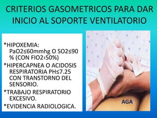 *HIPOXEMIA:
PaO2≤60mmhg O SO2≤90
% (CON FIO2›50%)
*HIPERCAPNEA O ACIDOSIS
RESPIRATORIA PH≤7.25
CON TRANSTORNO DEL
SENSORIO.
*TRABAJO RESPIRATORIO
EXCESIVO.
*EVIDENCIA RADIOLOGICA.
AGA
CRITERIOS GASOMETRICOS PARA DAR
INICIO AL SOPORTE VENTILATORIO
 