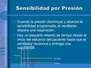 Sensibilidad por Presión
Sensibilidad por Presión
• Cuando la presión disminuye y alcanza la
sensibilidad programada, el ventilador
dispara una respiración .
• Hay un pequeño retardo de tiempo desde el
inicio del esfuerzo del paciente hasta que el
ventilador reconoce y entrega una
respiración.
Baseline
Trigger
Patient effort
Pressure
 
