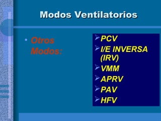 Modos Ventilatorios
Modos Ventilatorios
• Otros
Modos:
PCV
I/E INVERSA
(IRV)
VMM
APRV
PAV
HFV
 