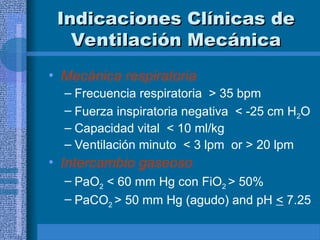 Indicaciones Clínicas de
Indicaciones Clínicas de
Ventilación Mecánica
Ventilación Mecánica
• Mecánica respiratoria
– Frecuencia respiratoria > 35 bpm
– Fuerza inspiratoria negativa < -25 cm H2O
– Capacidad vital < 10 ml/kg
– Ventilación minuto < 3 lpm or > 20 lpm
• Intercambio gaseoso
– PaO2 < 60 mm Hg con FiO2 > 50%
– PaCO2 > 50 mm Hg (agudo) and pH < 7.25
 