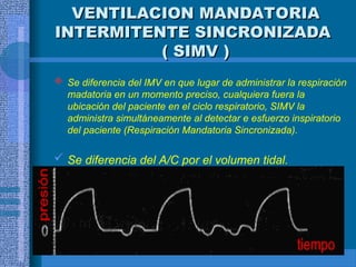 VENTILACION MANDATORIA
VENTILACION MANDATORIA
INTERMITENTE SINCRONIZADA
INTERMITENTE SINCRONIZADA
( SIMV )
( SIMV )
 Se diferencia del IMV en que lugar de administrar la respiración
madatoria en un momento preciso, cualquiera fuera la
ubicación del paciente en el ciclo respiratorio, SIMV la
administra simultáneamente al detectar e esfuerzo inspiratorio
del paciente (Respiración Mandatoria Sincronizada).
 Se diferencia del A/C por el volumen tidal.
 