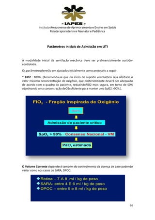 Instituto Amazonense de Aprimoramento e Ensino em Saúde
Fisioterapia Intensiva Neonatal e Pediátrica

Parâmetros iniciais de Admissão em UTI

A modalidade inicial da ventilação mecânica deve ser preferencialmente assitidocontrolada.
Os parâmetrosdeverão ser ajustados inicialmente como protocolo a seguir:
* FiO2 : 100%. (Recomenda-se que no início do suporte ventilatório seja ofertado o
valor máximo deconcentração de oxigênio, que posteriormente deverá ser adequado
de acordo com o quadro do paciente, reduzindoFiO2 mais segura, em torno de 50%
objetivando uma concentração deO2suficiente para manter uma SpO2 >90%.).

O Volume Corrente dependerá também do conhecimento da doença de base podendo
variar como nos casos de SARA, DPOC:

10

 