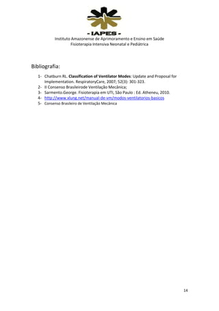 Instituto Amazonense de Aprimoramento e Ensino em Saúde
Fisioterapia Intensiva Neonatal e Pediátrica

Bibliografia:
1- Chatburn RL. Classification of Ventilator Modes: Update and Proposal for
Implementation. RespiratoryCare, 2007; 52(3): 301-323.
2- II Consenso Brasileirode Ventilação Mecânica;
3- Sarmento.George. Fisioterapia em UTI, São Paulo : Ed. Atheneu, 2010.
4- http://www.xlung.net/manual-de-vm/modos-ventilatorios-basicos
5- Consenso Brasileiro de Ventilação Mecânica

14

 