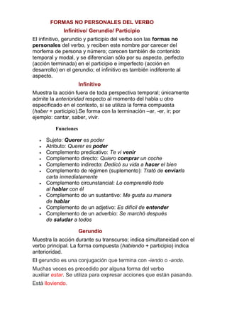 FORMAS NO PERSONALES DEL VERBO
Infinitivo/ Gerundio/ Participio
El infinitivo, gerundio y participio del verbo son las formas no
personales del verbo, y reciben este nombre por carecer del
morfema de persona y número; carecen también de contenido
temporal y modal, y se diferencian sólo por su aspecto, perfecto
(acción terminada) en el participio e imperfecto (acción en
desarrollo) en el gerundio; el infinitivo es también indiferente al
aspecto.
Infinitivo
Muestra la acción fuera de toda perspectiva temporal; únicamente
admite la anterioridad respecto al momento del habla u otro
especificado en el contexto, si se utiliza la forma compuesta
(haber + participio).Se forma con la terminación –ar, -er, ir; por
ejemplo: cantar, saber, vivir.
Funciones











Sujeto: Querer es poder
Atributo: Querer es poder
Complemento predicativo: Te vi venir
Complemento directo: Quiero comprar un coche
Complemento indirecto: Dedicó su vida a hacer el bien
Complemento de régimen (suplemento): Trató de enviarla
carta inmediatamente
Complemento circunstancial: Lo comprendió todo
al hablar con él
Complemento de un sustantivo: Me gusta su manera
de hablar
Complemento de un adjetivo: Es difícil de entender
Complemento de un adverbio: Se marchó después
de saludar a todos
Gerundio

Muestra la acción durante su transcurso; indica simultaneidad con el
verbo principal. La forma compuesta (habiendo + participio) indica
anterioridad.
El gerundio es una conjugación que termina con -iendo o -ando.
Muchas veces es precedido por alguna forma del verbo
auxiliar estar. Se utiliza para expresar acciones que están pasando.
Está lloviendo.

 