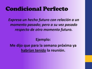 Condicional Perfecto
Expresa un hecho futuro con relación a un
 momento pasado; pero a su vez pasado
   respecto de otro momento futuro.

               Ejemplo:
 Me dijo que para la semana próxima ya
       habrían tenido la reunión.
 