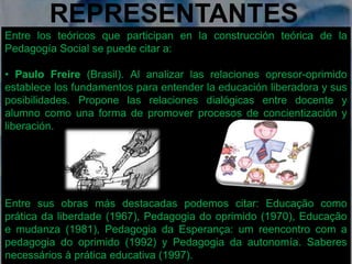 REPRESENTANTES 
Entre los teóricos que participan en la construcción teórica de la 
Pedagogía Social se puede citar a: 
• Paulo Freire (Brasil). Al analizar las relaciones opresor-oprimido 
establece los fundamentos para entender la educación liberadora y sus 
posibilidades. Propone las relaciones dialógicas entre docente y 
alumno como una forma de promover procesos de concientización y 
liberación. 
Entre sus obras más destacadas podemos citar: Educação como 
prática da liberdade (1967), Pedagogia do oprimido (1970), Educação 
e mudanza (1981), Pedagogia da Esperança: um reencontro com a 
pedagogia do oprimido (1992) y Pedagogia da autonomía. Saberes 
necessários à prática educativa (1997). 
 