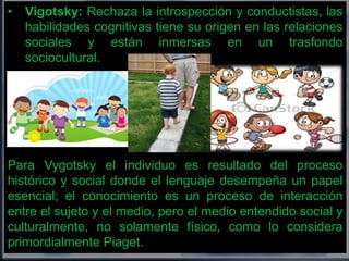 • Vigotsky: Rechaza la introspección y conductistas, las 
habilidades cognitivas tiene su origen en las relaciones 
sociales y están inmersas en un trasfondo 
sociocultural. 
Para Vygotsky el individuo es resultado del proceso 
histórico y social donde el lenguaje desempeña un papel 
esencial; el conocimiento es un proceso de interacción 
entre el sujeto y el medio, pero el medio entendido social y 
culturalmente, no solamente físico, como lo considera 
primordialmente Piaget. 
 