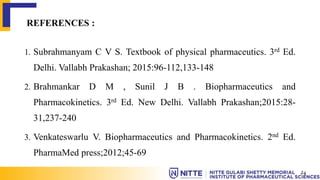 1. Subrahmanyam C V S. Textbook of physical pharmaceutics. 3rd Ed.
Delhi. Vallabh Prakashan; 2015:96-112,133-148
2. Brahmankar D M , Sunil J B . Biopharmaceutics and
Pharmacokinetics. 3rd Ed. New Delhi. Vallabh Prakashan;2015:28-
31,237-240
3. Venkateswarlu V. Biopharmaceutics and Pharmacokinetics. 2nd Ed.
PharmaMed press;2012;45-69
REFERENCES :
24
 