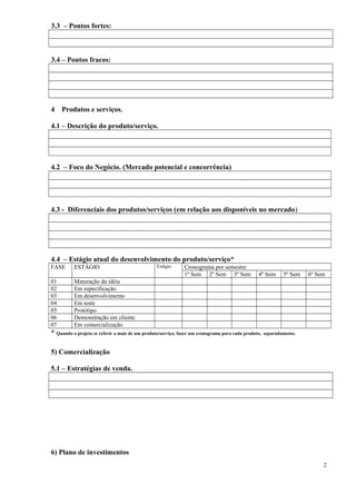 3.3 – Pontos fortes:

3.4 – Pontos fracos:

4

Produtos e serviços.

4.1 – Descrição do produto/serviço.

4.2 – Foco do Negócio. (Mercado potencial e concorrência)

4.3 - Diferenciais dos produtos/serviços (em relação aos disponíveis no mercado)

4.4 – Estágio atual do desenvolvimento do produto/serviço*
FASE

ESTÁGIO

01
02
03
04
05
06
07

Estágio

Cronograma por semestre
1º Sem 2º Sem 3º Sem

Maturação da idéia
Em especificação
Em desenvolvimento
Em teste
Protótipo
Demonstração em cliente
Em comercialização

4º Sem

* Quando o projeto se referir a mais de um produto/serviço, fazer um cronograma para cada produto,

5º Sem

6º Sem

separadamente.

5) Comercialização
5.1 – Estratégias de venda.

6) Plano de investimentos
2

 