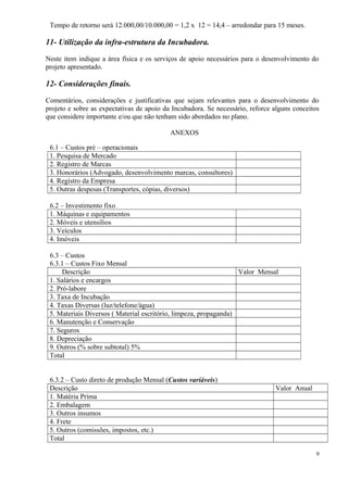Tempo de retorno será 12.000,00/10.000,00 = 1,2 x 12 = 14,4 – arredondar para 15 meses.

11- Utilização da infra-estrutura da Incubadora.
Neste item indique a área física e os serviços de apoio necessários para o desenvolvimento do
projeto apresentado.

12- Considerações finais.
Comentários, considerações e justificativas que sejam relevantes para o desenvolvimento do
projeto e sobre as expectativas de apoio da Incubadora. Se necessário, reforce alguns conceitos
que considere importante e/ou que não tenham sido abordados no plano.
ANEXOS
6.1 – Custos pré – operacionais
1. Pesquisa de Mercado
2. Registro de Marcas
3. Honorários (Advogado, desenvolvimento marcas, consultores)
4. Registro da Empresa
5. Outras despesas (Transportes, cópias, diversos)
6.2 – Investimento fixo
1. Máquinas e equipamentos
2. Móveis e utensílios
3. Veículos
4. Imóveis
6.3 – Custos
6.3.1 – Custos Fixo Mensal
Descrição
Valor Mensal
1. Salários e encargos
2. Pró-labore
3. Taxa de Incubação
4. Taxas Diversas (luz/telefone/água)
5. Materiais Diversos ( Material escritório, limpeza, propaganda)
6. Manutenção e Conservação
7. Seguros
8. Depreciação
9. Outros (% sobre subtotal) 5%
Total
6.3.2 – Custo direto de produção Mensal (Custos variáveis)
Descrição
1. Matéria Prima
2. Embalagem
3. Outros insumos
4. Frete
5. Outros (comissões, impostos, etc.)
Total

Valor Anual

9

 