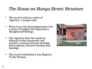 The House on Mango Street: Structure
• The novel is told as a series of
vignettes, 1-4 pages each
• There is no real chronological plot, but
a series of insights into Esperanza’s
thoughts and feelings.
• The vignettes show the trends in
behavior in the community and
provide a contrast between strength
and weakness, between freedom and
bondage.
• The novel is dedicated A Las Mujeres,
To the Women.
 