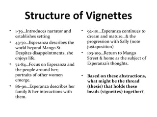 Structure of Vignettes
• 1-39…Introduces narrator and
establishes setting
• 43-70…Esperanza describes the
world beyond Mango St.
Despites disappointments, she
enjoys life.
• 72-84…Focus on Esperanza and
the people around her;
portraits of other women
emerge.
• 86-90…Esperanza describes her
family & her interactions with
them.
• 92-101…Esperanza continues to
dream and mature…& the
progression with Sally (note
juxtaposition)
• 103-109…Return to Mango
Street & home as the subject of
Esperanza’s thoughts.
• Based on these abstractions,
what might be the thread
(thesis) that holds these
beads (vignettes) together?
 