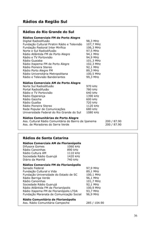 Rádios da Região Sul

Rádios do Rio Grande do Sul
Rádios Comerciais FM de Porto Alegre
Digital Radiodifusão                           98,3 MHz
Fundação Cultural Piratini Rádio e Televisão   107,7 MHz
Fundação Pastoral Inter Mirifica               106,3 MHz
Norte e Sul Radiodifusão                       97,5 MHz
Rádio Atlântida FM de Porto Alegre             94,1 MHz
Rádio e TV Portovisão                          94,9 MHz
Rádio Guaiaba                                  101,3 MHz
Rádio Itapema FM de Porto Alegre               102,3 MHz
Rádio Pioneira Stereo                          92,1 MHz
Rádio Porto Alegre FM                          89,3 MHz
Rádio Universitária Metropolitana              100,5 MHz
Rádio e Televisão Bandeirantes                 99,3 MHz

Rádios Comerciais AM de Porto Alegre
Norte Sul Radiodifusão                         970 kHz
Portal Radiodifusão                            780 kHz
Rádio e TV Portovisão                          640 kHz
Rádio Esperança                                1390 kHz
Rádio Gaúcha                                   600 kHz
Rádio Guaíba                                   720 kHz
Rádio Pioneira Stereo                          1120 kHz
Rede Popular de Comunicações                   680 kHz
Universidade Federal do Rio Grande do Sul      1080 kHz

Rádios Comunitárias de Porto Alegre
Ass. Cultural Rádio Comunitária do Bairro de Ipanema          200 / 87.90
Ass. de Moradores do Serra Verde                              200 / 87.90




Rádios de Santa Catarina
Rádios Comerciais AM de Florianópolis
Difusora Gomes              1060 kHz
Rádio Canoinhas             890 kHz
Rádio Cultura AM            1110 kHz
Sociedade Rádio Guarujá     1420 kHz
Diário da Manhã             740 kHz
Rádios Comerciais FM de Florianópolis
Senado Federal                                 97,9 MHz
Fundação Cultural e Vida                       89,1 MHz
Fundação Universidade do Estado de SC          100,1 MHz
Rádio Barriga Verde                            96,1 MHz
Rádio Canoinhas                                101,7 MHz
Sociedade Rádio Guarujá                        92,1 MHz
Rádio Atlântida FM de Florianópolis            100,9 MHz
Rádio Itapema FM de Florianópolis LTDA         93,7 MHz
Fundação Maranata de Comunicação Social        96,9 MHz
Rádio Comunitária de Florianópolis
Ass. Rádio Comunitária Campeche                285 / 104.90



                                                                            36
 