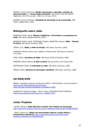 SOARES, Ismar de Oliveira. Gestão comunicativa e educação: caminhos da
educomunicação, In: Comunicação & Educação. São Paulo, ECA/USP-Editora
Segmento, Ano VIII, já./abr.. 2002, no. 23, pg. 16-25.

SOARES, Ismar de Oliveira. Sociedade da informação ou da comunicação. São
Paulo, Cidade Nova, 1996




Bibliografia sobre rádio
BARBOSA FILHO, André. Gêneros radiofônicos - Os formatos e os programas em
áudio. São Paulo, Edições Paulinas, 2003.

BARBOSA FILHO, André; PIOVESAN, Ângelo e BENETON, Rosana. Rádio – Sintonia
do Futuro. São Paulo, Paulinas, 2004.

CÉSAR, Cyro. Rádio, a mídia da emoção. São Paulo, Summus, 2005.

CONSANI, Marciel. Como usar o Rádio na Sala de Aula. São Paulo, Contexto
(no prelo).

JUNG, Milton. Jornalismo de Rádio. São Paulo, Editora Contexto, 2005.

MOREIRA, Sônia Virgínia. O rádio no Brasil. Rio de Janeiro, Rio Fundo,1991.

ORTRIWANO, Gisela. A informação no rádio. São Paulo, Summus, 1985.

PRADO, Emílio. Estrutura da informação radiofônica. São Paulo, Summus, 1989.




CD-ROM/DVD
BRAZIL, Paisagens Sonoras da Natureza (MP3) – Beto Bertolini, Livraria Ecoterra
(http://www.ecoterrabrasil.com.br/home/
index.php?pg=ecoentrevistas&tipo=temas&cd=1249)

Hanbook for acoustic ecology – Barry Truax, Cambridge Street Publishing
(http://www.electrocd.com/cat.e/ csr_cdr9901.html)




Links: Projetos
- BLOIS, Marlene. Rádio Educativo no Brasil: Uma História em Construção.
http://reposcom.portcom.intercom.org.br/ bitstream/1904/3109/1/NP6BLOIS.pdf

- DEUS, Sandra de. Rádios nas Universidades Federais: Função Pública e
Compromisso Laboratorial. http://reposcom.portcom.intercom.org.br/
bitstream/1904/4621/1/NP6DEUS.pdf




                                                                                  68
 