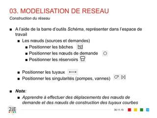 03. MODELISATION DE RESEAU
30.11.15
Construction du réseau
18
■ A l’aide de la barre d’outils Schéma, représenter dans l’espace de
travail
■ Les nœuds (sources et demandes)
■ Positionner les bâches
■ Positionner les nœuds de demande
■ Positionner les réservoirs
■ Positionner les tuyaux
■ Positionner les singularités (pompes, vannes)
■ Note:
■ Apprendre à effectuer des déplacements des nœuds de
demande et des nœuds de construction des tuyaux courbes
 