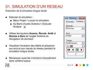 01. SIMULATION D’UN RESEAU
30.11.15
Exécution de la simulation longue durée
29
■ Exécuter la simulation :
■ Menu Projet > Lancer la simulation
■ Ou Barre d’outils Schéma > Exécuter
Analyse
■ Utiliser les boutons Avance, Recule, Arrêt et
Remise à Zéro de l’onglet Schéma du
Navigateur de données
■ Visualiser l’évolution des débits et pressions
aux arcs et aux nœuds du réseau pendant la
simulation longue durée.
■ Remarquer aussi les inversions d’écoulement
dans certains tuyaux
 