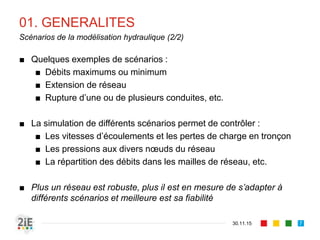 01. GENERALITES
■ Quelques exemples de scénarios :
■ Débits maximums ou minimum
■ Extension de réseau
■ Rupture d’une ou de plusieurs conduites, etc.
■ La simulation de différents scénarios permet de contrôler :
■ Les vitesses d’écoulements et les pertes de charge en tronçon
■ Les pressions aux divers nœuds du réseau
■ La répartition des débits dans les mailles de réseau, etc.
■ Plus un réseau est robuste, plus il est en mesure de s’adapter à
différents scénarios et meilleure est sa fiabilité
30.11.15
Scénarios de la modélisation hydraulique (2/2)
7
 
