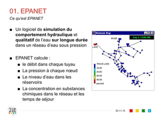 01. EPANET
■ Un logiciel de simulation du
comportement hydraulique et
qualitatif de l’eau sur longue durée
dans un réseau d’eau sous pression
■ EPANET calcule :
■ le débit dans chaque tuyau
■ La pression à chaque nœud
■ Le niveau d’eau dans les
réservoirs
■ La concentration en substances
chimiques dans le réseau et les
temps de séjour
30.11.15
Ce qu’est EPANET
9
 