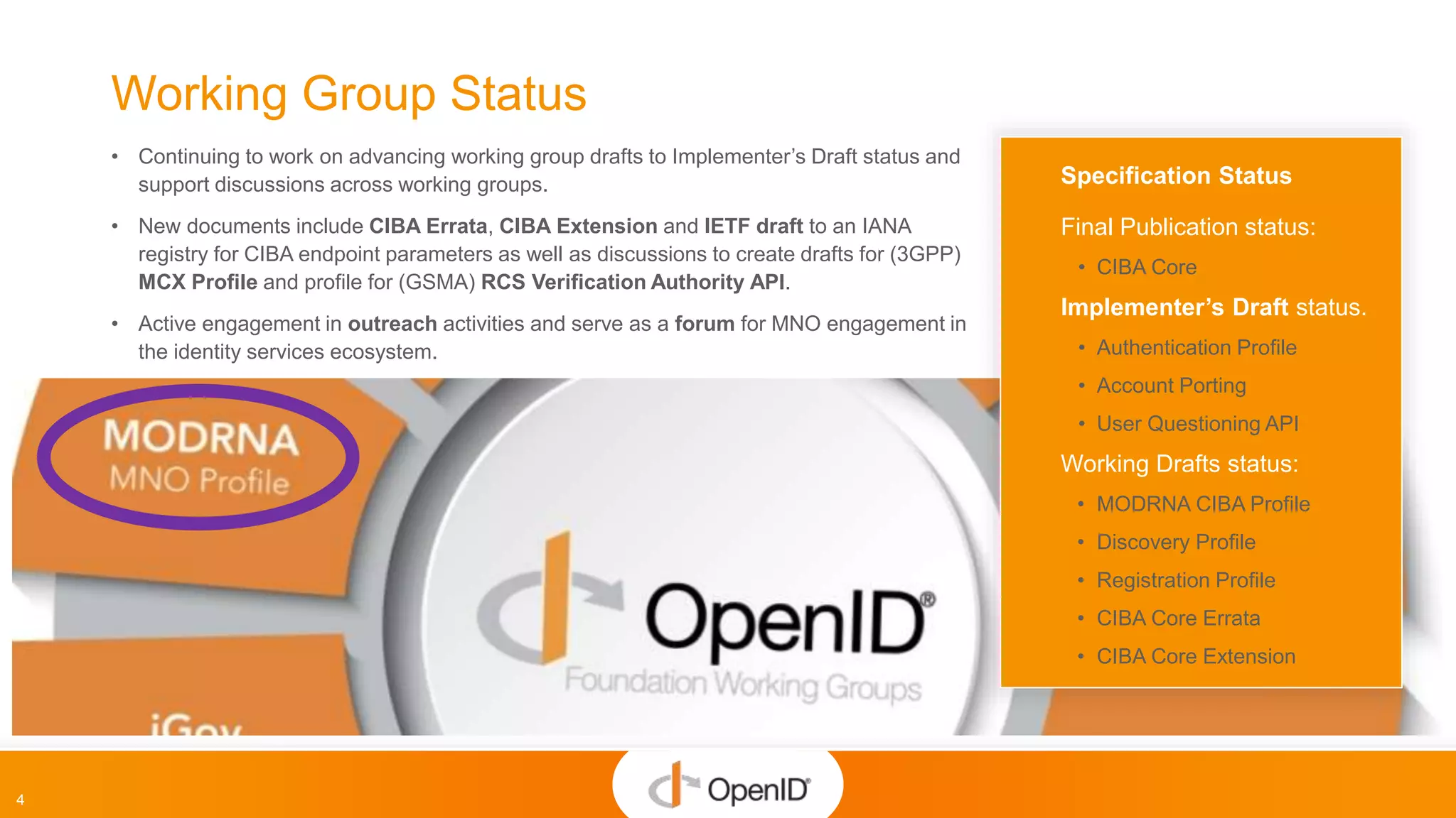4
Working Group Status
• Continuing to work on advancing working group drafts to Implementer’s Draft status and
support discussions across working groups.
• New documents include CIBA Errata, CIBA Extension and IETF draft to an IANA
registry for CIBA endpoint parameters as well as discussions to create drafts for (3GPP)
MCX Profile and profile for (GSMA) RCS Verification Authority API.
• Active engagement in outreach activities and serve as a forum for MNO engagement in
the identity services ecosystem.
Specification Status
Final Publication status:
• CIBA Core
Implementer’s Draft status.
• Authentication Profile
• Account Porting
• User Questioning API
Working Drafts status:
• MODRNA CIBA Profile
• Discovery Profile
• Registration Profile
• CIBA Core Errata
• CIBA Core Extension
 