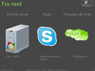 You need
November	
 8,	
 2010	
  MODS	
 2010	
 |	
 uday	
 m.	
 shankar	
 |	
 @udayms	
 |	
 acrossthinlines.com	
  23	
 
Windows Server Skype PrettyMay Call Center
PHP + MySQL Skype International
Number
Prettymay.net
 