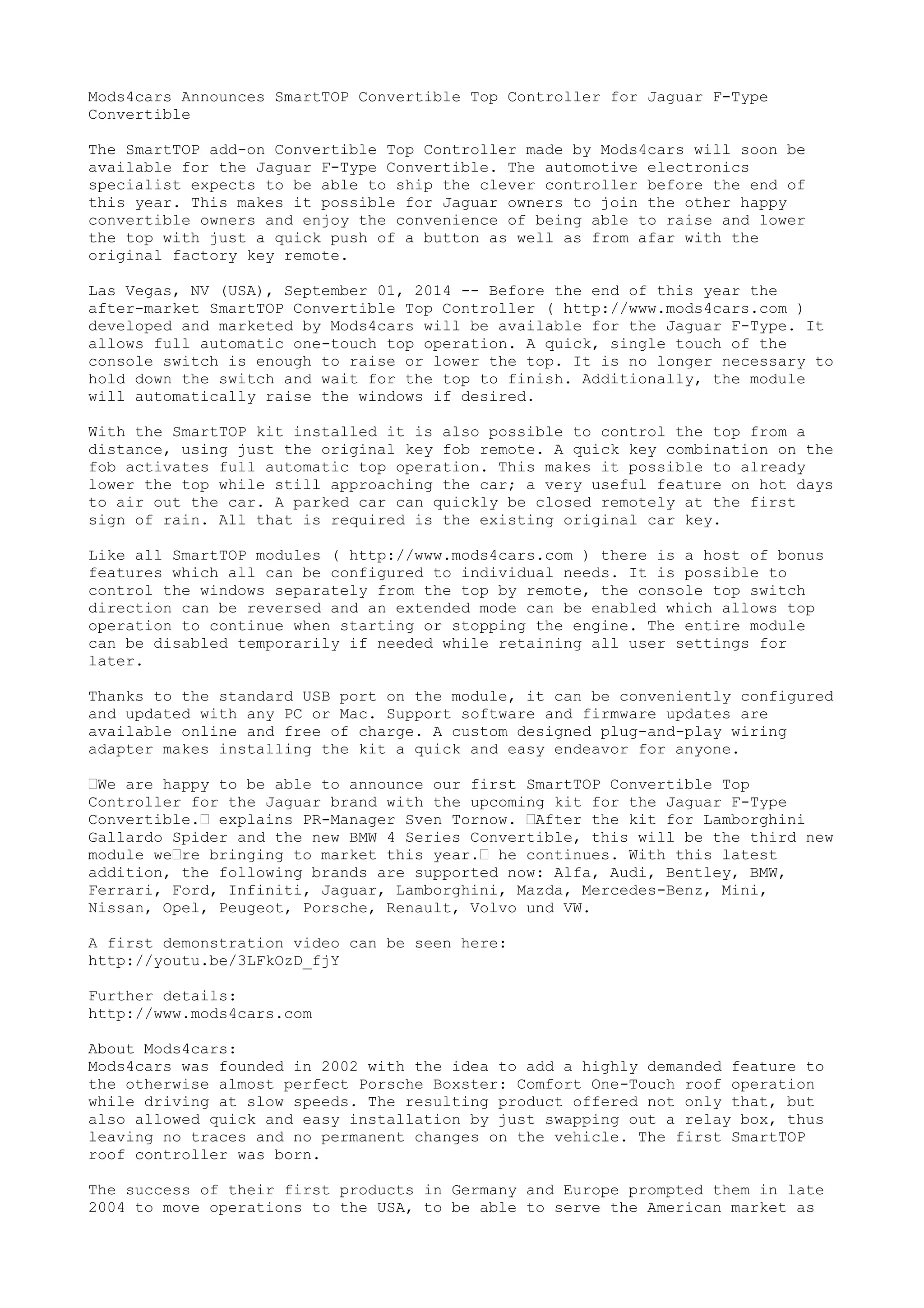 Mods4cars Announces SmartTOP Convertible Top Controller for Jaguar F ...