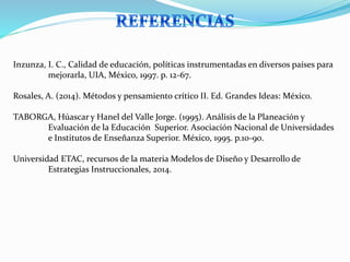 Inzunza, I. C., Calidad de educación, políticas instrumentadas en diversos países para 
mejorarla, UIA, México, 1997. p. 12-67. 
Rosales, A. (2014). Métodos y pensamiento crítico II. Ed. Grandes Ideas: México. 
TABORGA, Húascar y Hanel del Valle Jorge. (1995). Análisis de la Planeación y 
Evaluación de la Educación Superior. Asociación Nacional de Universidades 
e Institutos de Enseñanza Superior. México, 1995. p.10-90. 
Universidad ETAC, recursos de la materia Modelos de Diseño y Desarrollo de 
Estrategias Instruccionales, 2014. 
