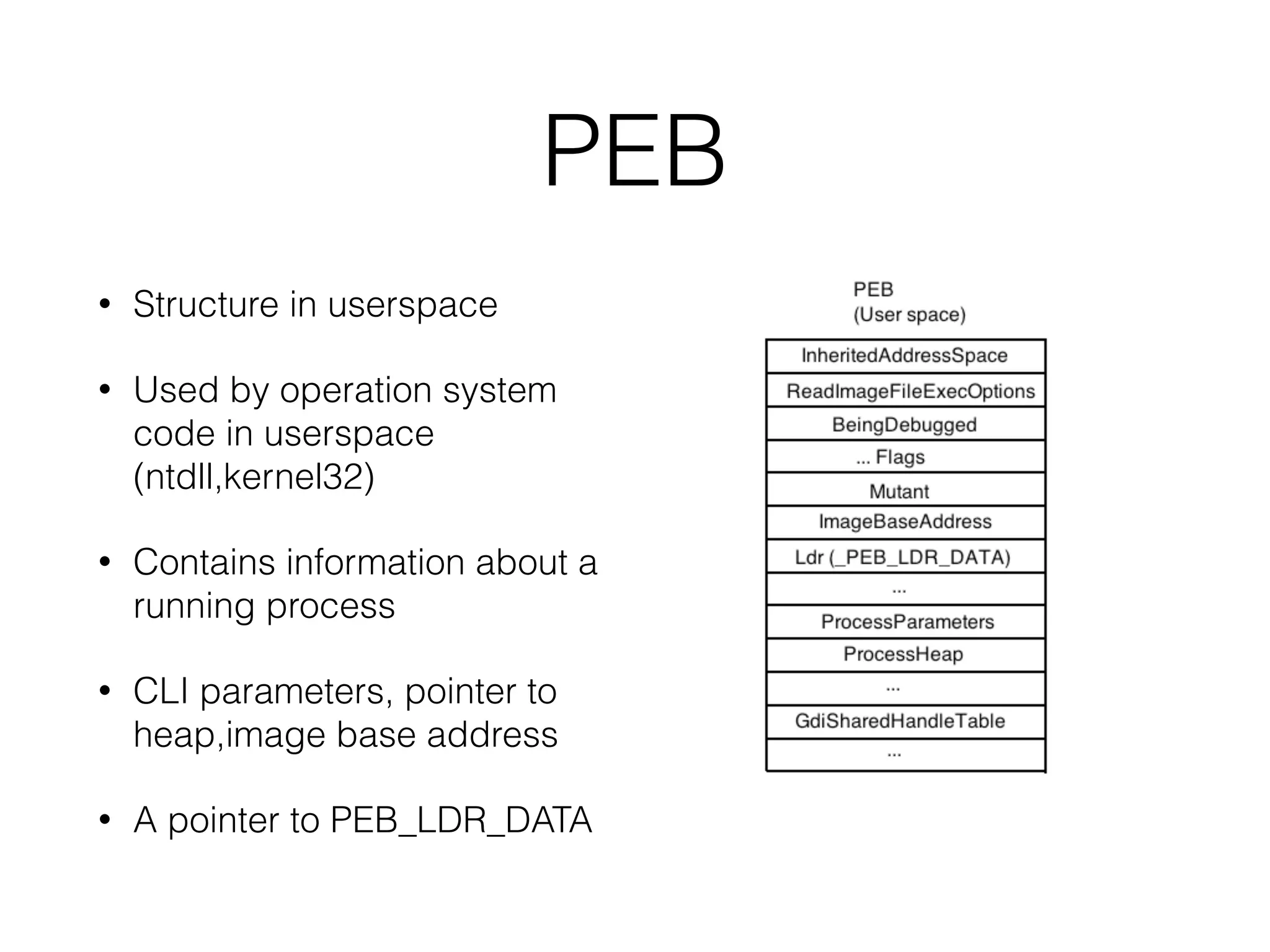 EPROCESS
• Executive component of
windows kernel
• It's a process object for
a process
• Kernel use: IO transfer,
handle virtual memory
• Drivers:
PsGetCurrentProcess()
 