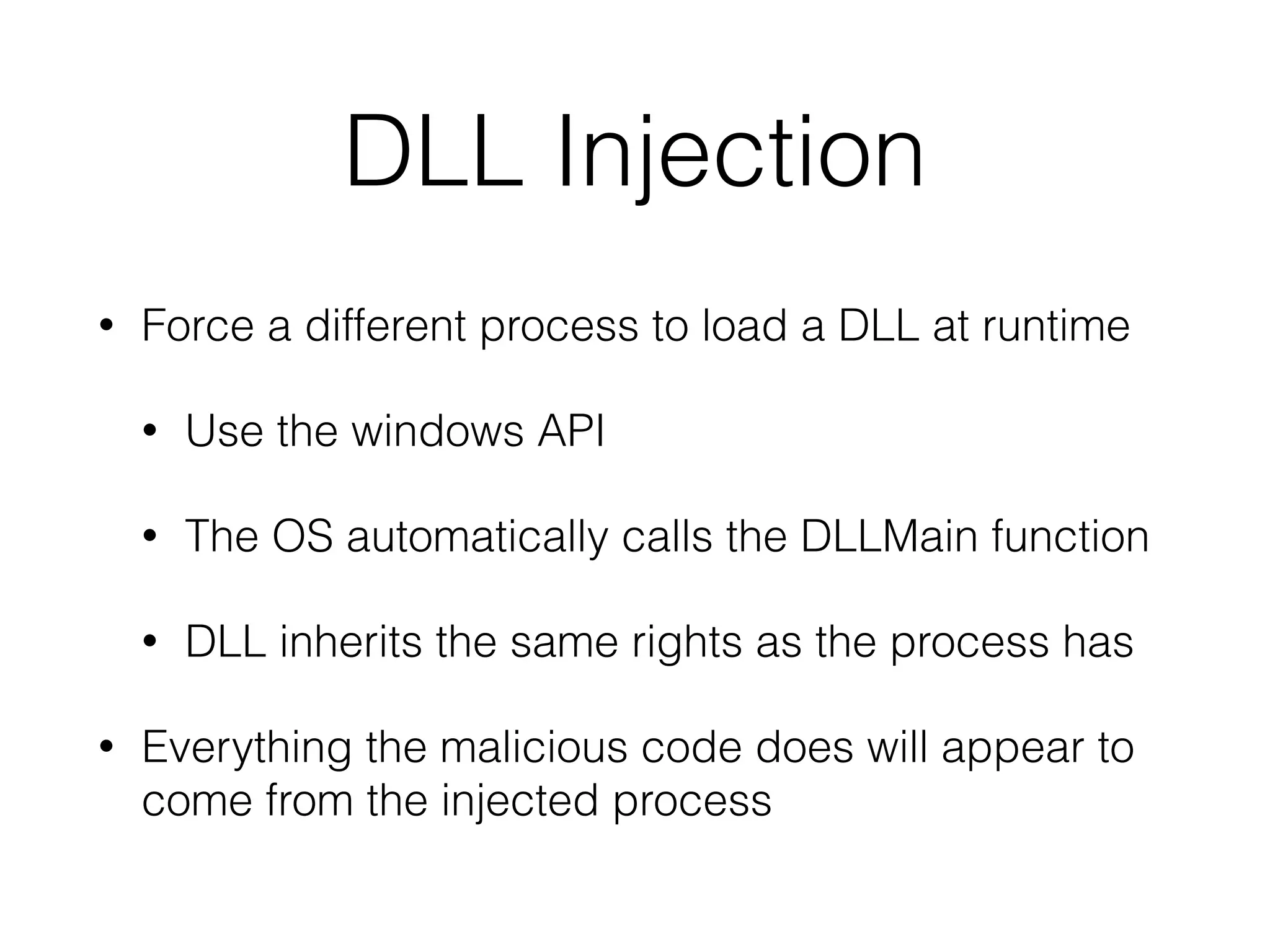 Injection.. Why?
• We would like to hide the fact that we are running
code
• Makes deployment a lot easier
• Bypass certain security filters
 