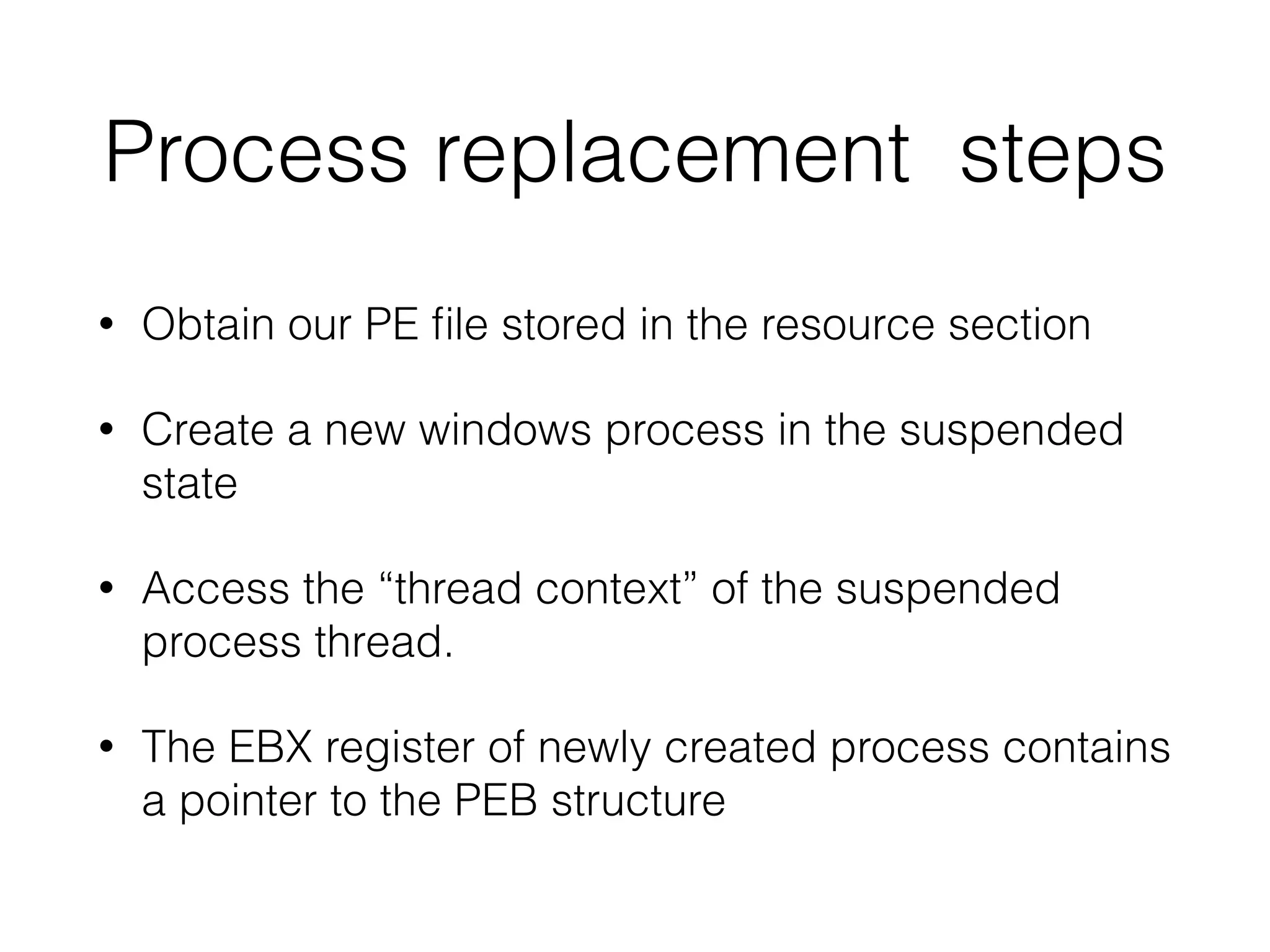 Windows resources
• A program contains “resources”
• Contains raw images, bitmaps and dialog boxes
• But it can contain what we want?
• Steganography? Anyone?
• Lets put a PE in it!
 