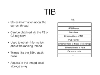 PEB_LDR_DATA
• Contains information about
the loaded modules
associated with the running
process
• Has the anchor for a doubly
linked list that contains each
loaded module
• LDR_DATA_TABLE_ENTRY
 