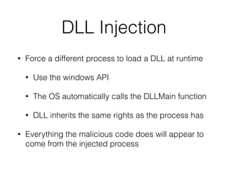 Injection.. Why?
• We would like to hide the fact that we are running
code
• Makes deployment a lot easier
• Bypass certain security filters
 