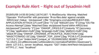 Example Rule Alert – Right out of Sysadmin Hell
37
2018/01/09 14:55:50 [info] 1167#1167: *1 ModSecurity: Warning. Matched
...