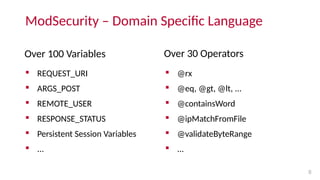 ModSecurity – Domain Specific Language
Over 100 Variables
 REQUEST_URI
 ARGS_POST
 REMOTE_USER
 RESPONSE_STATUS
 Pers...