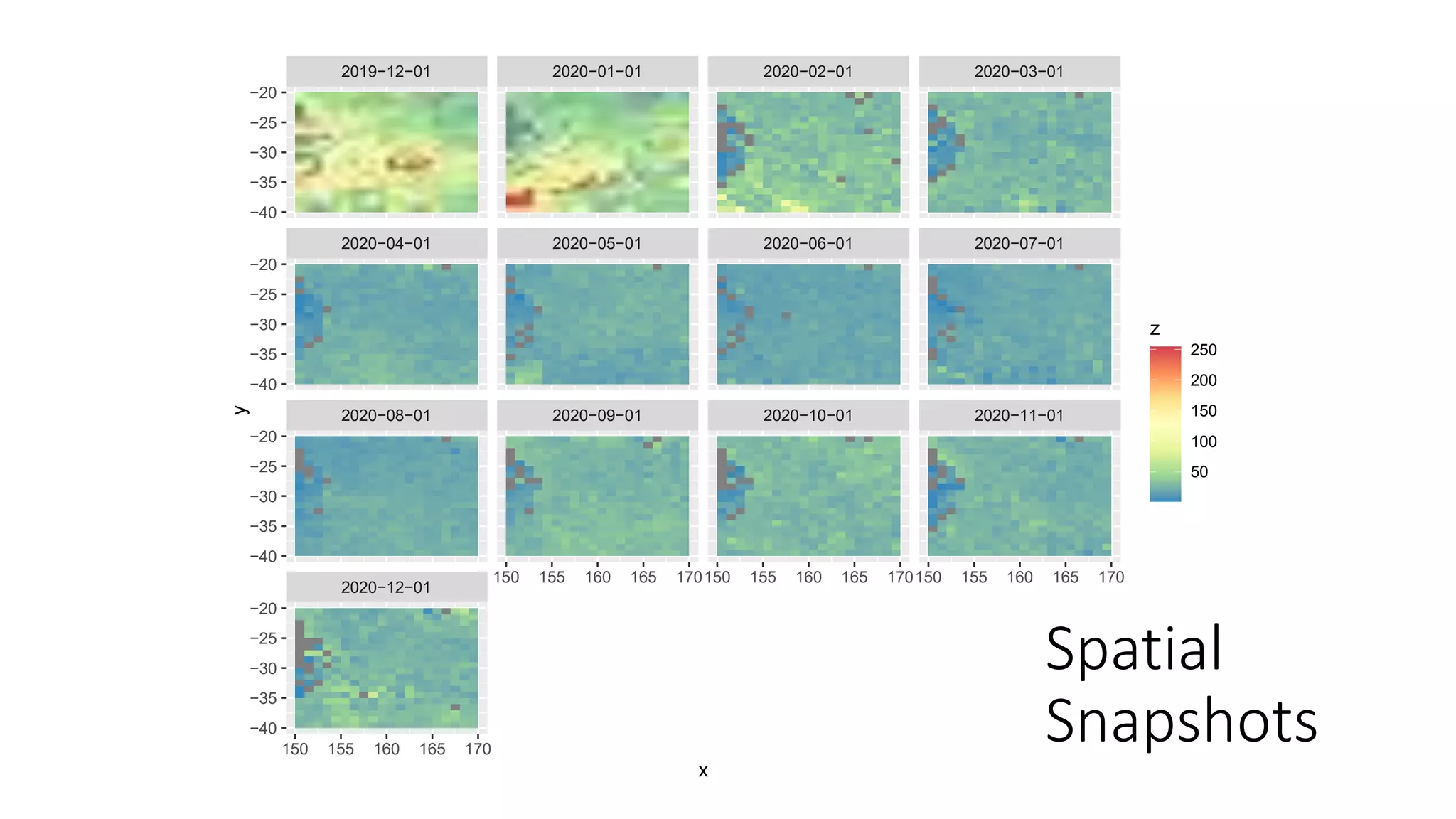 2020−12−01
2020−08−01 2020−09−01 2020−10−01 2020−11−01
2020−04−01 2020−05−01 2020−06−01 2020−07−01
2019−12−01 2020−01−01 2020−02−01 2020−03−01
150 155 160 165 170
150 155 160 165 170150 155 160 165 170150 155 160 165 170
−40
−35
−30
−25
−20
−40
−35
−30
−25
−20
−40
−35
−30
−25
−20
−40
−35
−30
−25
−20
x
y
50
100
150
200
250
z
Spatial
Snapshots
 