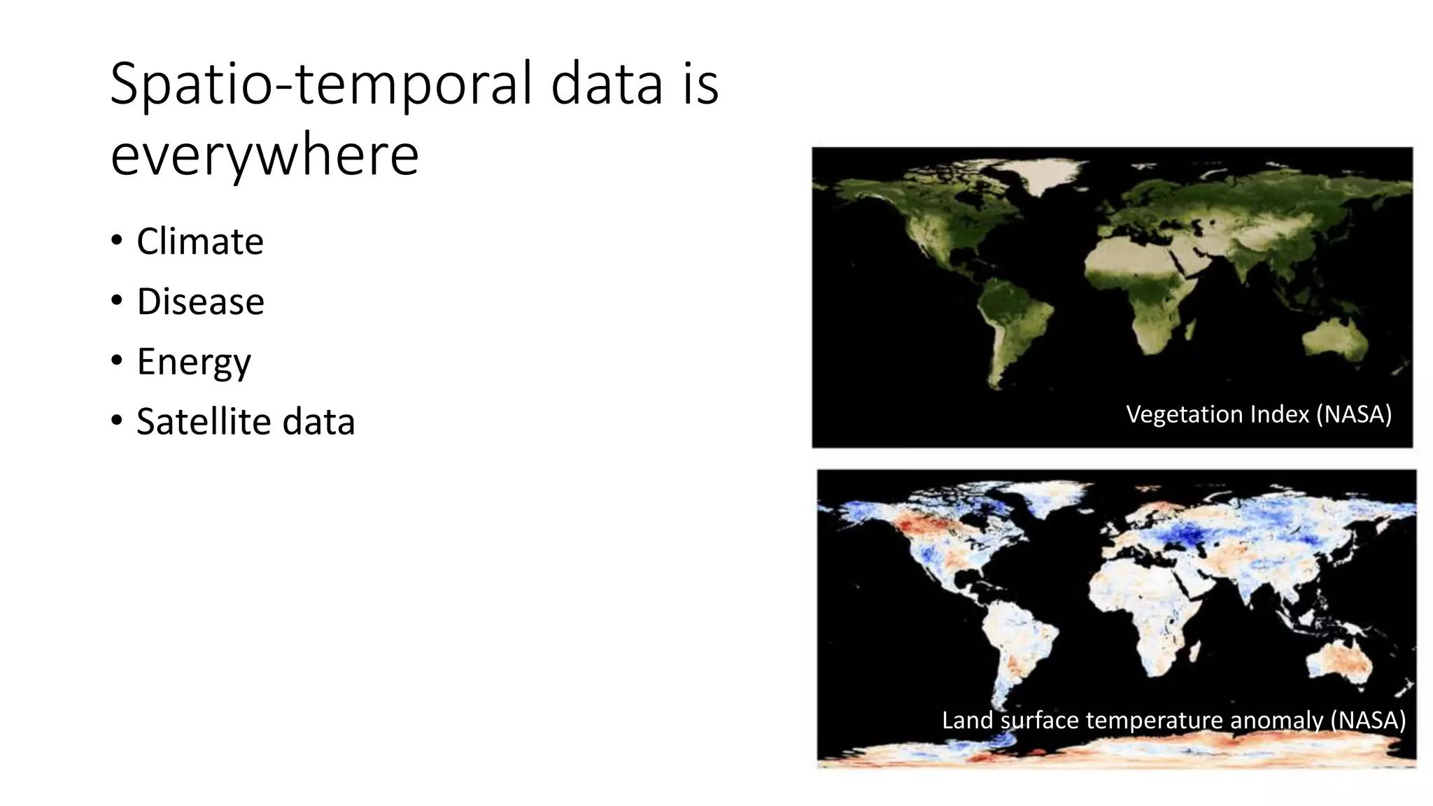 Spatio-temporal data is
everywhere
• Climate
• Disease
• Energy
• Satellite data Vegetation Index (NASA)
Land surface temperature anomaly (NASA)
 