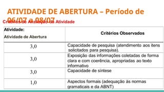 ATIVIDADE DE ABERTURA – Período de
06/07 a 08/07
 